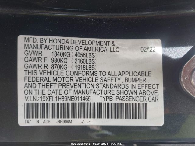 19XFL1H89NE011465 Honda Civic Sport Touring
