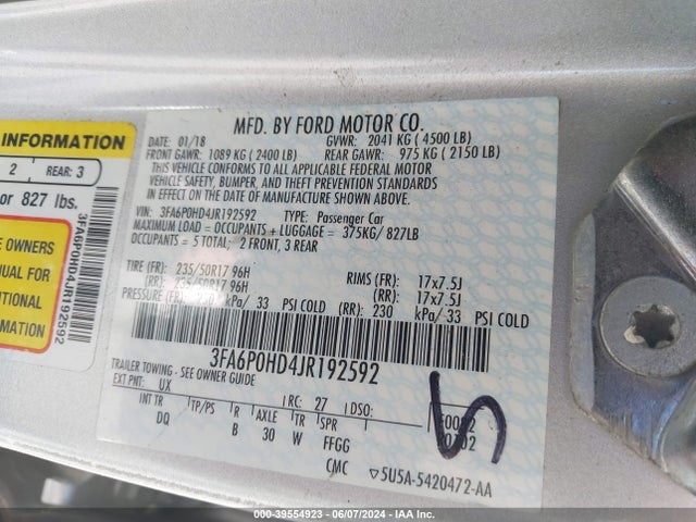 Ford FUSION SE 2018 3FA6P0HD4JR192592 Image 9