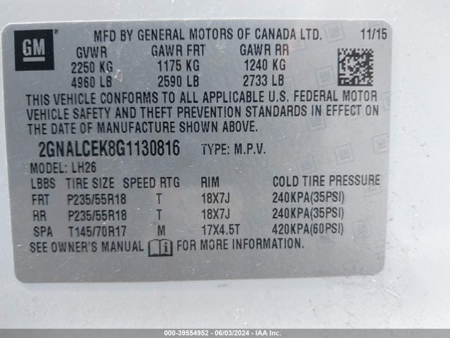 Chevrolet EQUINOX LT 2016 2GNALCEK8G1130816 Image 9