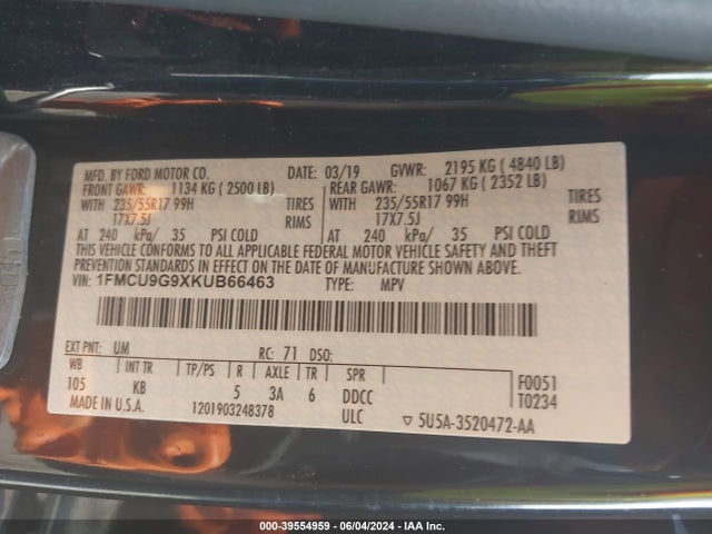 Ford ESCAPE SE 2019 1FMCU9G9XKUB66463 Image 9