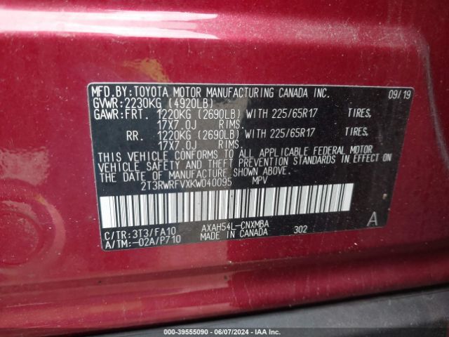 2T3RWRFVXKW040095 Toyota Rav4 Hybrid Xle