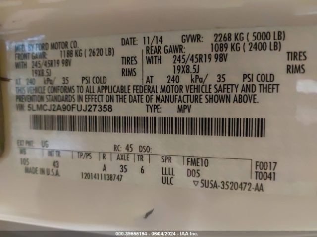 5LMCJ2A90FUJ27358 Lincoln MKC