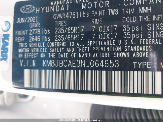 KM8JBCAE3NU064653 Hyundai TUCSON SEL