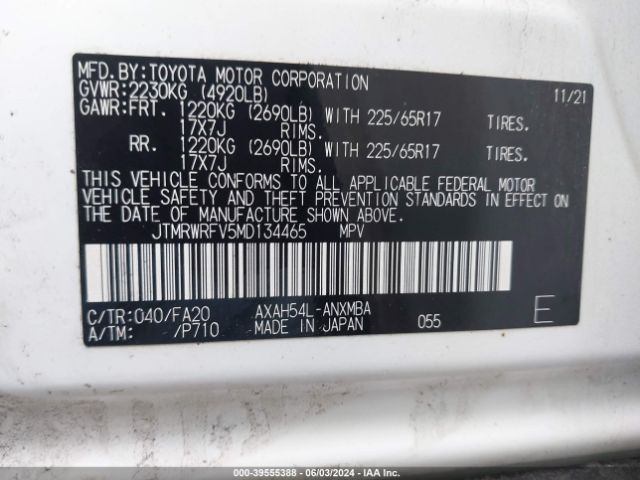 JTMRWRFV5MD134465 Toyota Rav4 Xle Hybrid