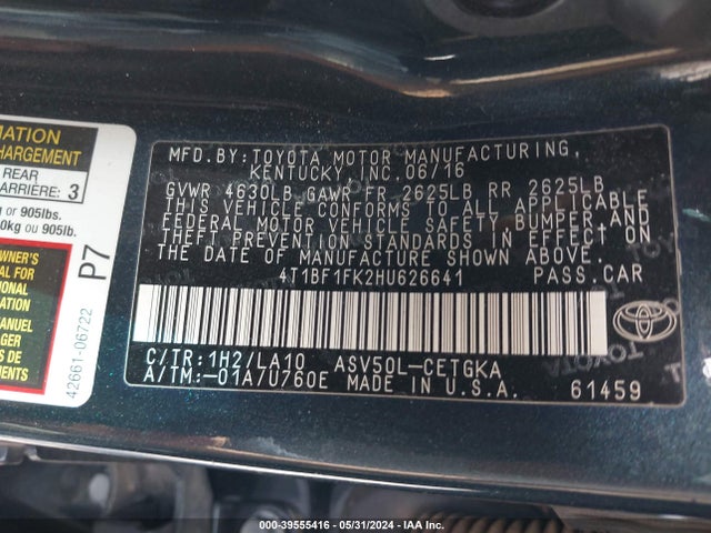 Toyota CAMRY XLE 2017 4T1BF1FK2HU626641 Image 9
