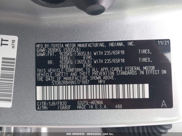 Toyota Highlander Le 2022 5TDBZRBH9NS171887 Image 9