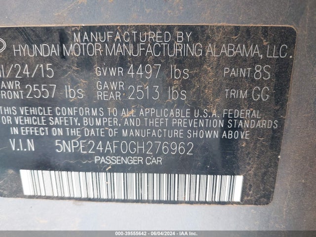 5NPE24AF0GH276962 Hyundai SONATA SE