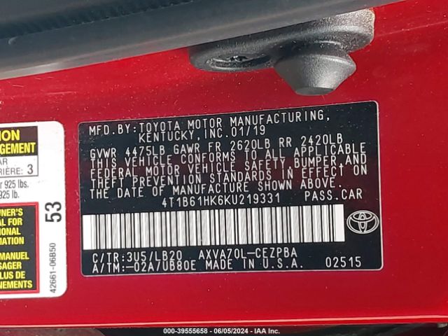 4T1B61HK6KU219331 Toyota CAMRY XSE