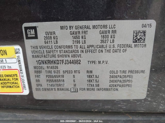 Chevrolet Traverse 2lt 2015 1GNKRHKD7FJ344982 Image 9