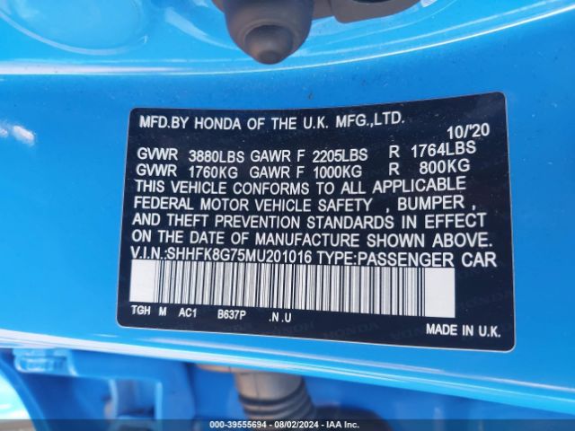 SHHFK8G75MU201016 Honda Civic Type R Touring