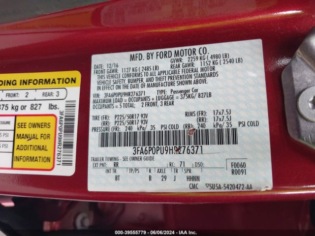 3FA6P0PU9HR276371 Ford Fusion Energi Se Luxury