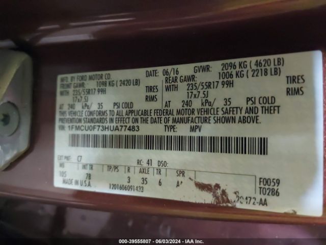 1FMCU0F73HUA77483 Ford ESCAPE S