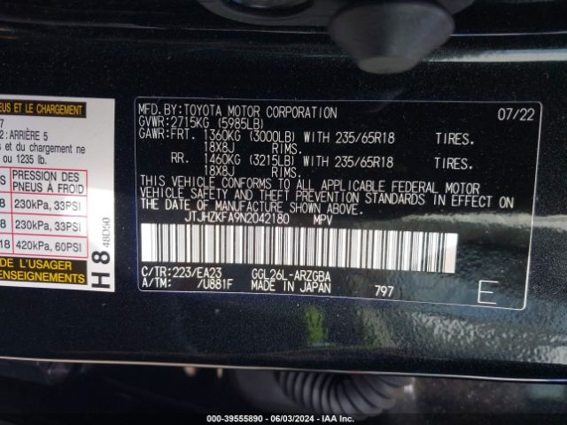 JTJHZKFA9N2042180 Lexus Rx 350l