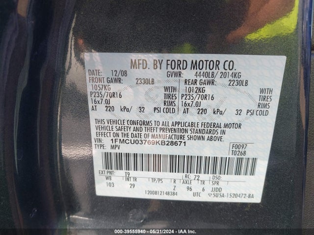2009 Ford Escape Xlt მანქანა იყიდება აუქციონზე, vin: 1FMCU03769KB28671, აუქციონის ნომერი: 39555940