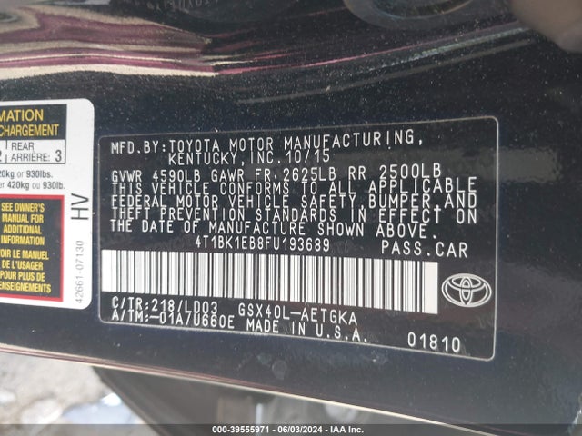 Toyota AVALON XLE 2015 4T1BK1EB8FU193689 Image 9