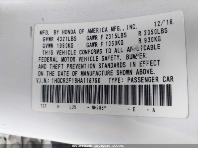 1HGCR2F19HA118750 Honda Accord Sport Se