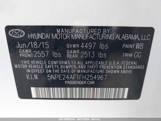 Hyundai SONATA SE 2015 5NPE24AF1FH254967 Image 9
