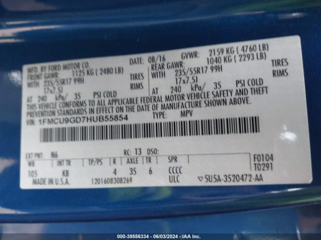 1FMCU9GD7HUB55854 Ford ESCAPE SE