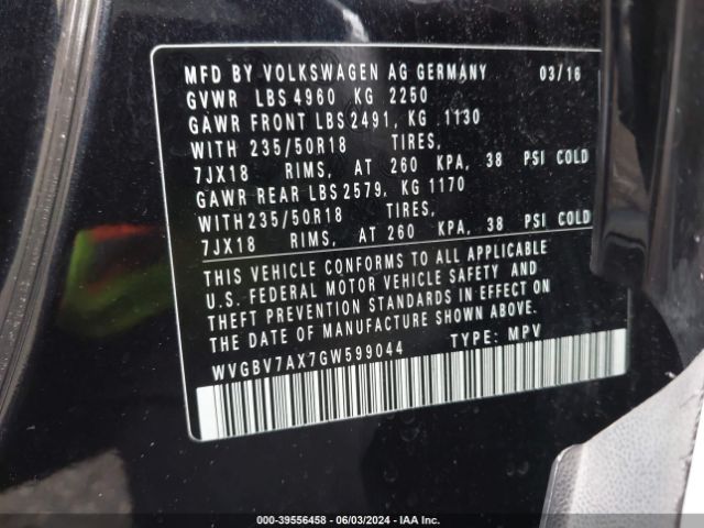 WVGBV7AX7GW599044 Volkswagen TIGUAN SE