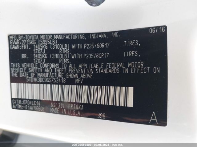 5TDYK3DC9GS752418 Toyota Sienna Xle Premium 8 Passenger