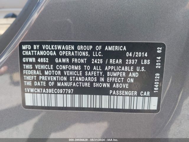 1VWCN7A39EC097797 Volkswagen Passat 2.0l Tdi Sel Premium