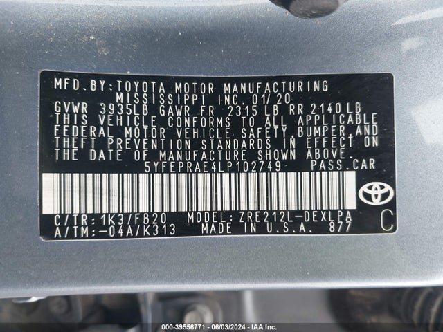 Toyota COROLLA LE 2020 5YFEPRAE4LP102749 Image 9