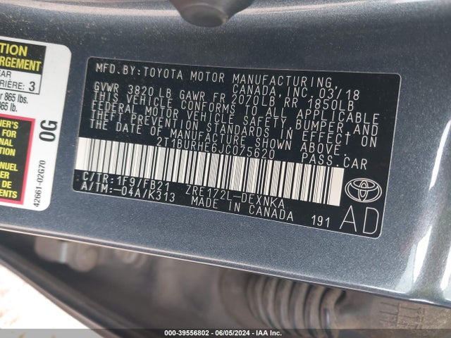 Toyota COROLLA LE 2018 2T1BURHE6JC075620 Image 9