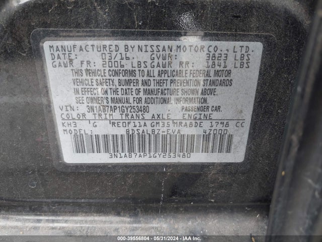 Nissan SENTRA S 2016 3N1AB7AP1GY253480 Image 9
