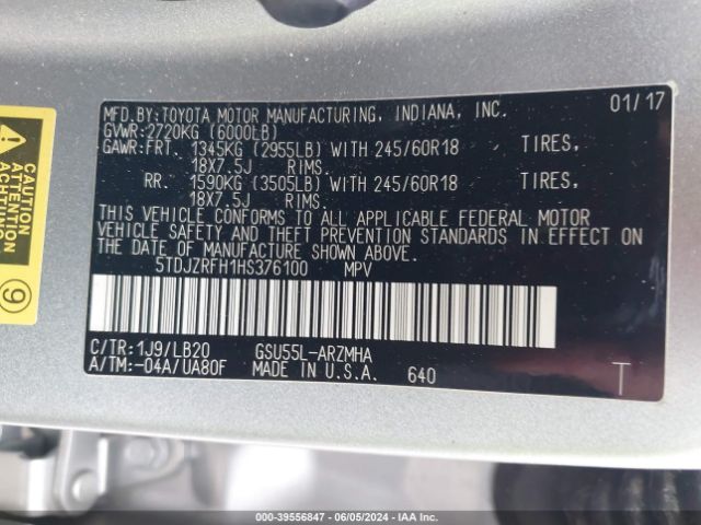 5TDJZRFH1HS376100 Toyota Highlander Xle