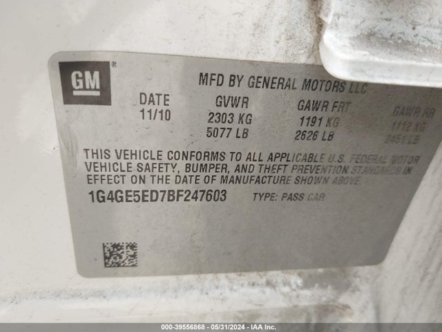 2011 Buick Lacrosse Cxs მანქანა იყიდება აუქციონზე, vin: 1G4GE5ED7BF247603, აუქციონის ნომერი: 39556868