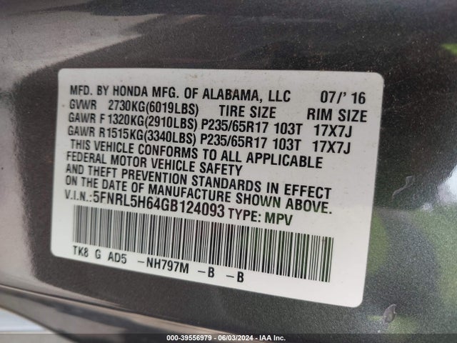 Honda Odyssey Ex-l 2016 5FNRL5H64GB124093 Image 9