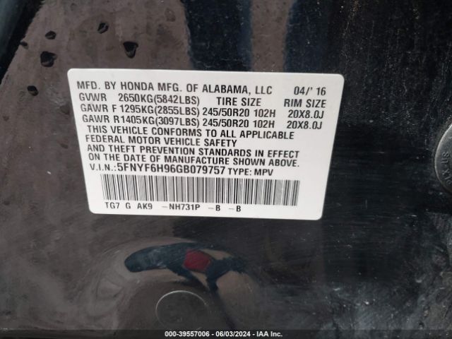 5FNYF6H96GB079757 Honda Pilot Touring