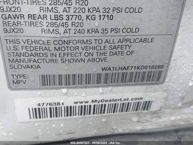 WA1LHAF71KD018285 Audi Q7 45 Premium/45 Se Premium