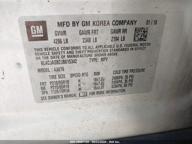 KL4CJASB2JB615342 Buick luv: mfi, variable valve timing, alum, e85 max