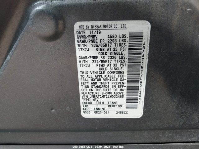 JN8AT2MT2LW032465 Nissan Rogue S Fwd