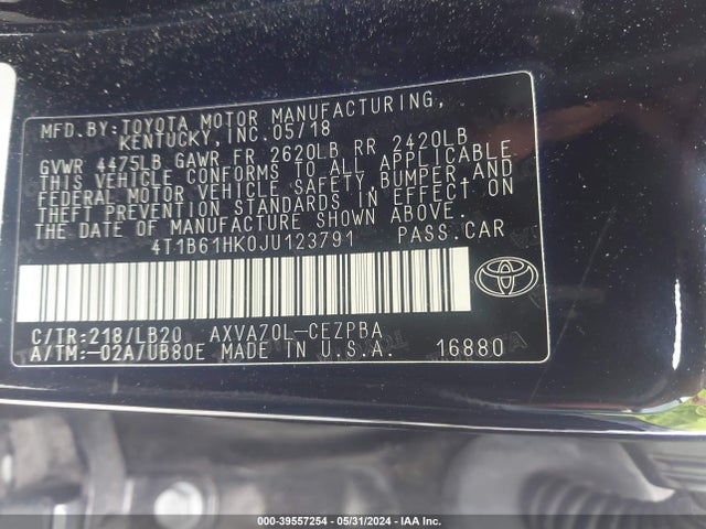Toyota CAMRY XSE 2018 4T1B61HK0JU123791 Image 9
