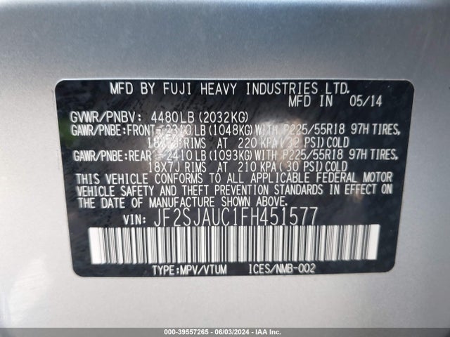 Subaru Forester 2.5i Touring 2015 JF2SJAUC1FH451577 Image 9