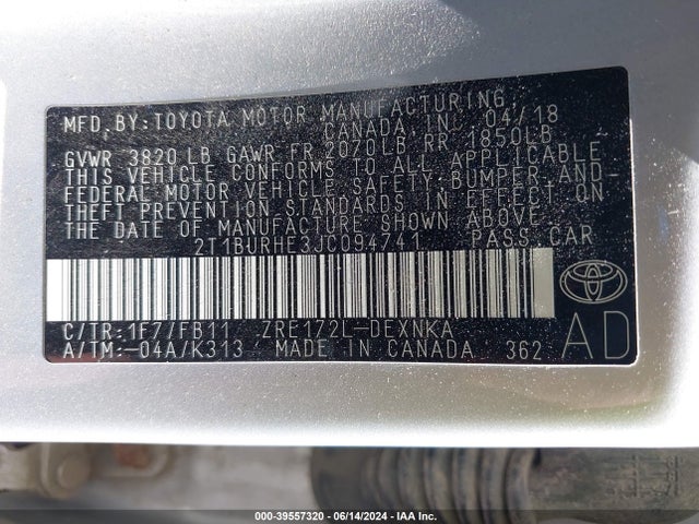 Toyota COROLLA LE 2018 2T1BURHE3JC094741 Image 9