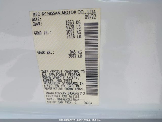 1N4BL4DVXPN306672 Nissan Altima Sv Fwd