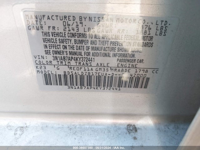 Nissan SENTRA SV 2019 3N1AB7AP4KY372441 Image 9