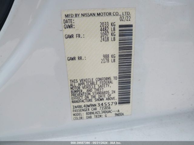 1N4BL4DW9NN345579 Nissan Altima Sv Intelligent Awd
