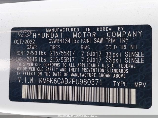 KM8K6CAB2PU980371 Hyundai Kona Sel