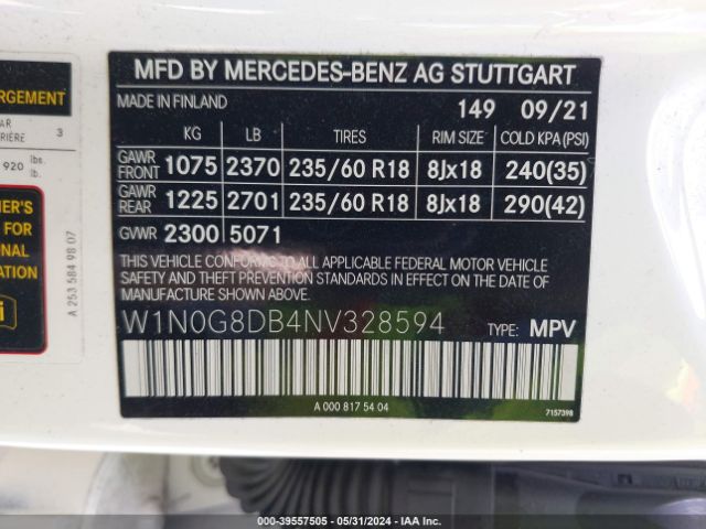 W1N0G8DB4NV328594 Mercedes-Benz Glc 300 Suv