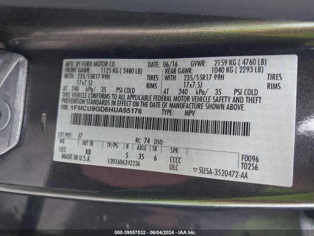 Ford ESCAPE SE 2017 1FMCU9GD6HUA95176 Image 9