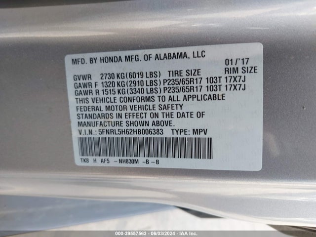 Honda Odyssey Ex-l 2017 5FNRL5H62HB006383 Image 9