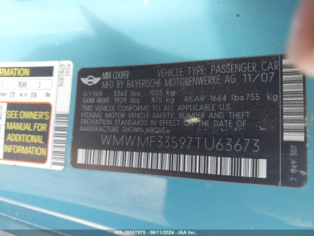 2007 MINI COOPER WMWMF33597TU63673 Photo 8