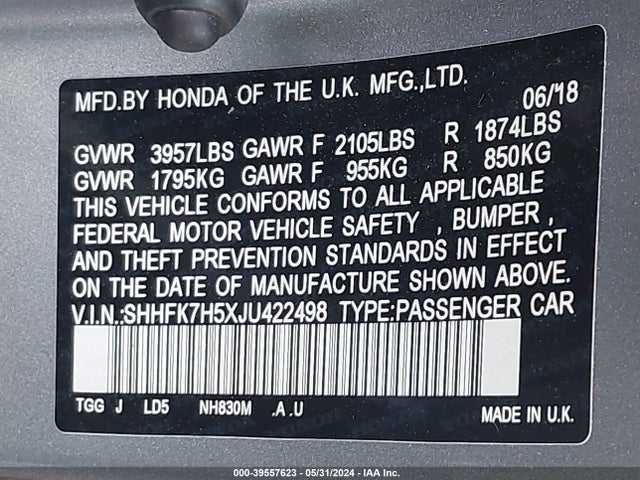 Honda CIVIC EX 2018 SHHFK7H5XJU422498 Image 9