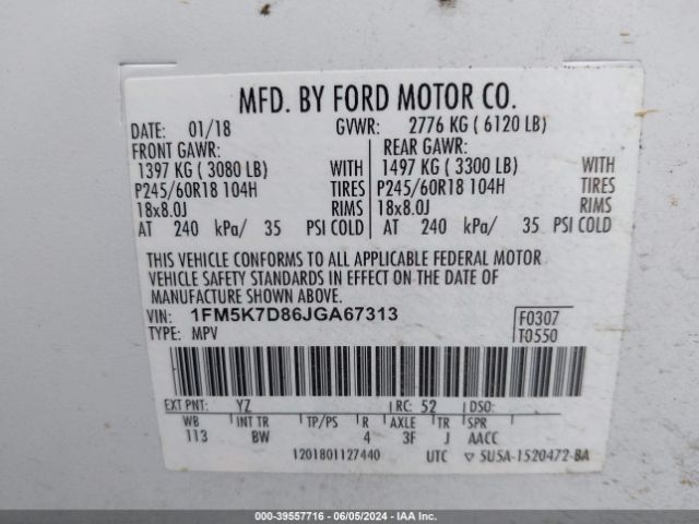 1FM5K7D86JGA67313 Ford EXPLORER XLT
