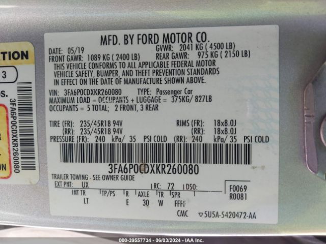 3FA6P0CDXKR260080 Ford FUSION SEL