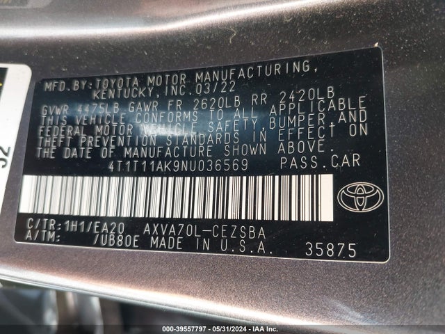 Toyota CAMRY SE 2022 4T1T11AK9NU036569 Image 9